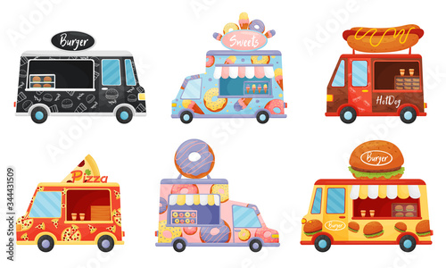 Street Food Vans Selling Sweet Doughnuts and Burgers Vector Set