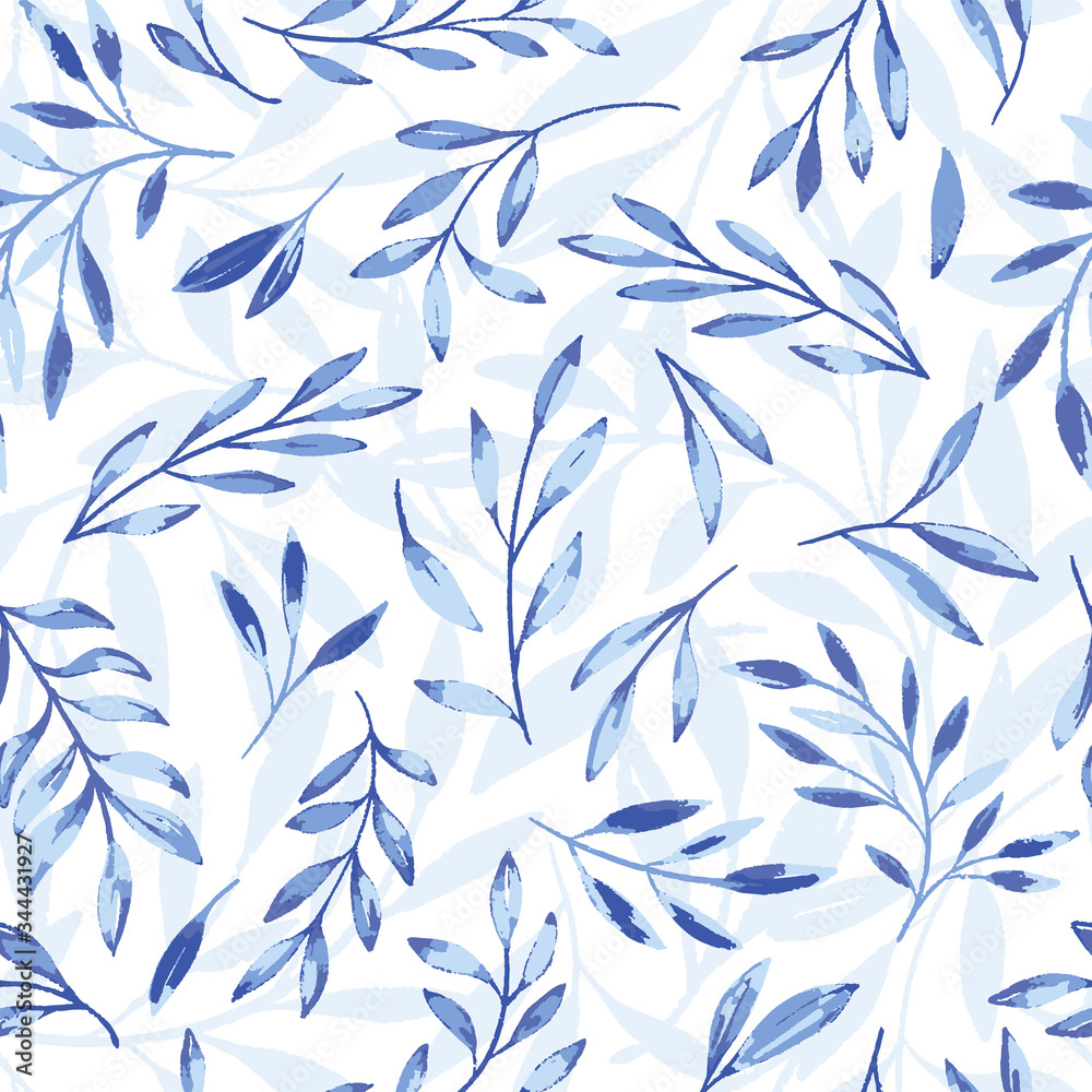 Vector Blue Gouache Textured Leaves with Shadow Seamless Pattern Vector Blue Gouache Textured Leaves with Shadow Seamless Pattern