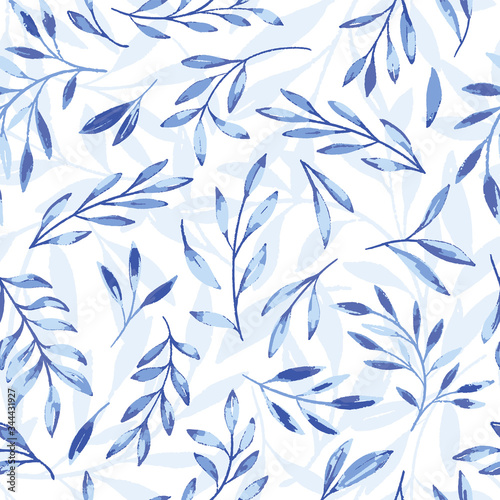 Vector Blue Gouache Textured Leaves with Shadow Seamless Pattern