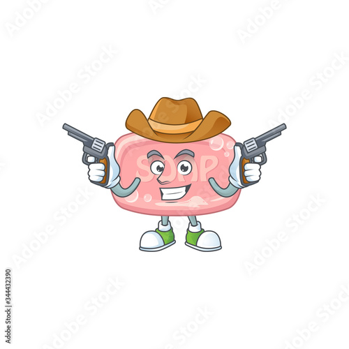 A cowboy cartoon character of pink soap holding guns