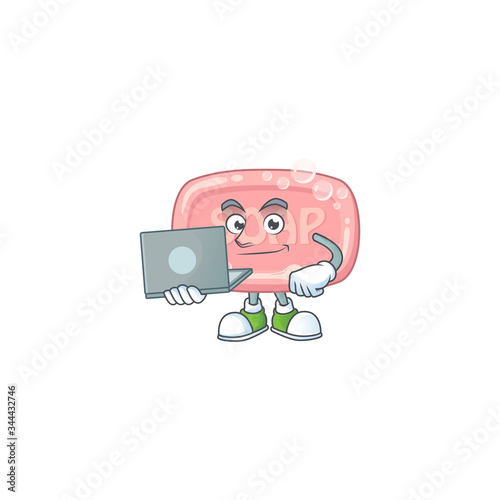 Diligent pink soap mascot design style working from home with laptop