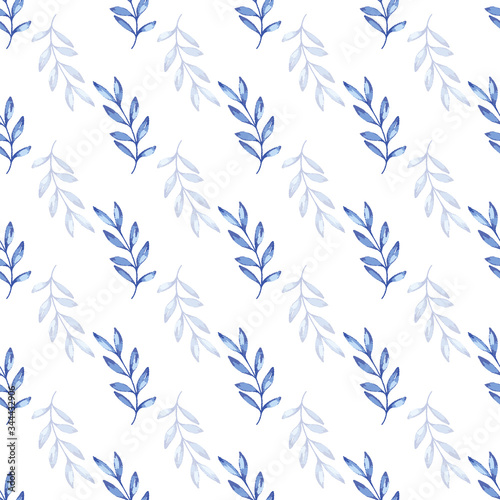 Vector Blue Gouache Textured Leaves Grid Seamless Pattern