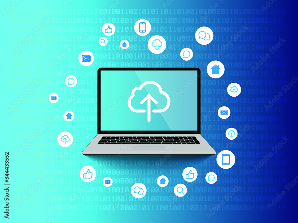 Internet of Things, Upload Sign on Notebook's Screen Design Concept with Icons - Digital Network Connections, Technology Illustration Vector Background Internet of Things, Upload Sign on Notebook's Screen Design Concept with Icons - Digital Network Connections, Technology Illustration Vector Background