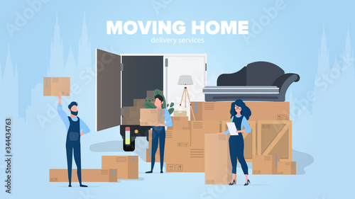 Moving home banner. Moving to a new place. A white truck, boxes, a sofa, a houseplant, a lantern, movers carry boxes, a girl checks for availability in the list. The concept of transportation and deli
