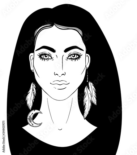 Isolated on white illustration of Native American Indian girl with feathers and dream catcher. Tribal Fusion Boho Diva. Coloring book page for adults.