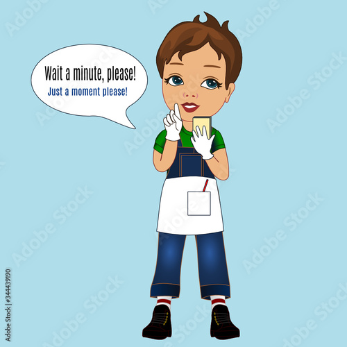 emoji with a boy waiter asking a client to stand by, a little man with a confused face that is raising his index finger in a Just a moment gesture to ask people to wait a minute for him