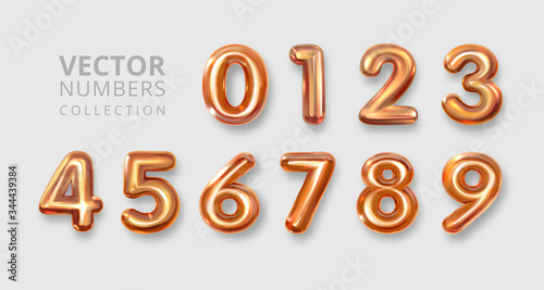 Set of metal numbers. Number 1 2 3 4 5 6 7 8 9 0. Alphabet Font. Typography Design Element. Party Background. Foil Symbol. Bright Metallic 3D, vector realistic illustration