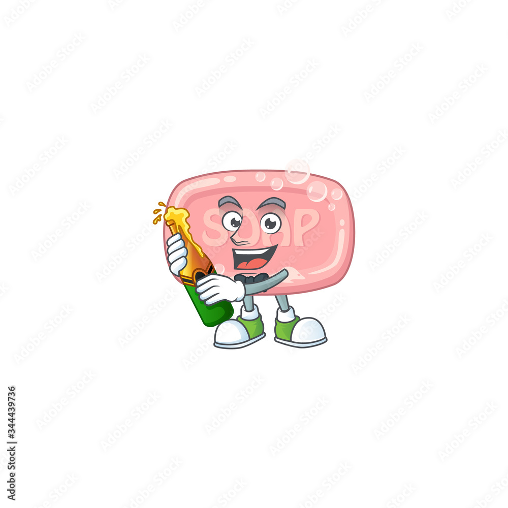 Mascot cartoon design of pink soap making toast with a bottle of beer