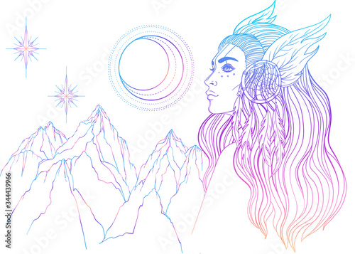 Isolated on white illustration of Native American Indian girl with feathers and dream catcher. Tribal Fusion Boho Diva.