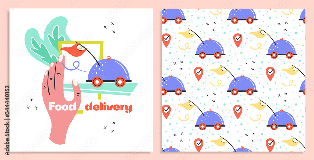 Fast food delivery. Fast shop service. Driving tray with yellow flag postcards. Coronavirus pandemic self isolation, protection. Flat colourful vector illustration, art isolated on pink background. Fast food delivery. Fast shop service. Driving tray with yellow flag postcards. Coronavirus pandemic self isolation, protection. Flat colourful vector illustration, art isolated on pink background.