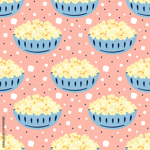 Homemade popcorn in little cute blue bowl with beautiful patterns. Cinema food. Snacks. Lifestyle. Flat cartoon colourful vector hand drawn seamless pattern, texture, background, back.
