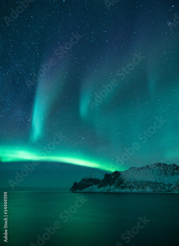 polar lights also called northern lights or aurora borealis in northern norway during winter above a fjord and snow covered mountains © stalmphotos