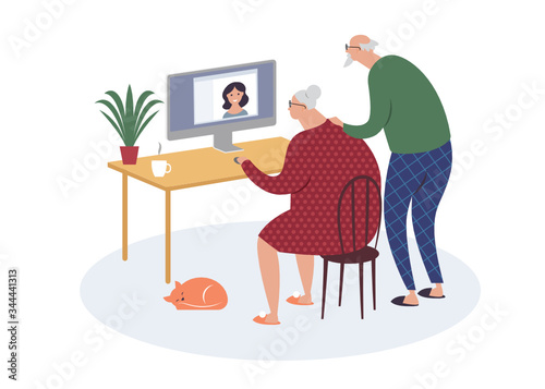Elderly parents making a distant call to  their daughter on internet  