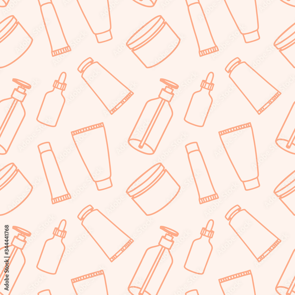 Cosmetics and makeup seamless pattern in line art style. Vector illustration. Contour lines background. Dropper bottle for oil, face cream, hand cream, gel, moose. Cosmetics and makeup seamless pattern in line art style. Vector illustration. Contour lines background. Dropper bottle for oil, face cream, hand cream, gel, moose.