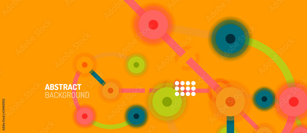 Flat style geometric abstract background, round dots or circle connections on color background. Technology network concept.