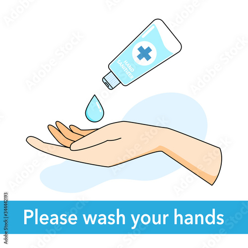 Please wash your hands sign. Hand sanitized, wash hand using hand sanitizer or alcohol gel to protect from germs and stop spreading of Covid19 or Coronavirus, infection control concept