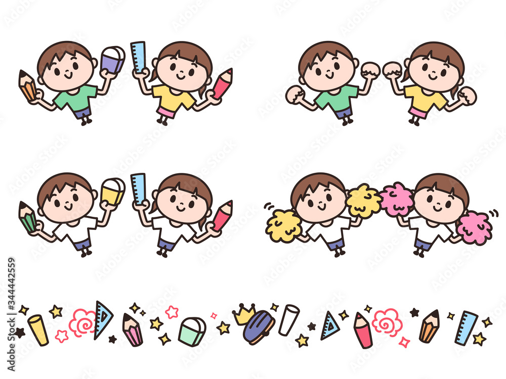 斜め上から見た子供と文房具のイラストセット 黒線 Stock Vector Adobe Stock