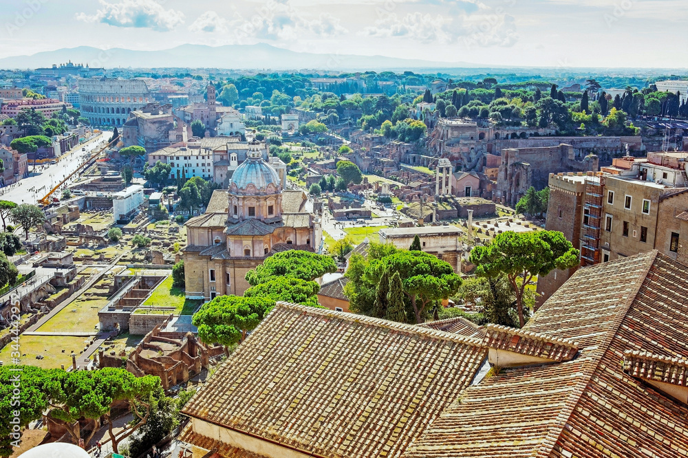 Panoramic view of Roman Forum and Colosseo. Rome is a famous tourist destination