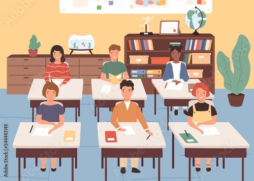 Smiling classmates listening lecture in geography room. Children sitting at desks in classroom. Pupils studying at primary school. Vector illustration in flat cartoon style