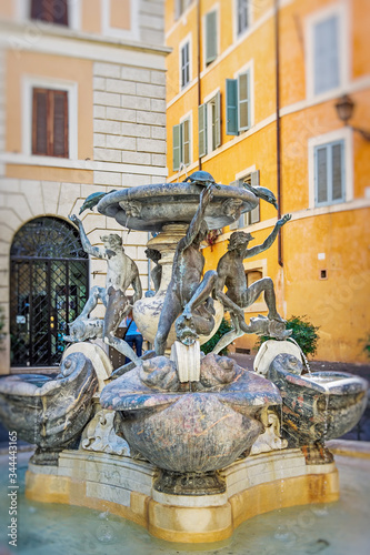 Fontane delle Tartarughe. Rome Italy. Beautiful antique stone Turtle fountain in Rome. Rome is a famous tourist destination