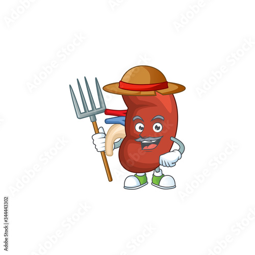 Mascot design style of Farmer right human kidney with hat and pitchfork