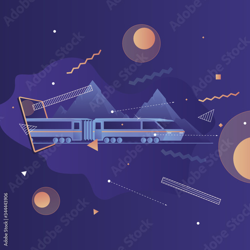 Train on a purple background, leaving the tablet, goes through the mountains, flying all sorts of elements of purple, white, orange colors
