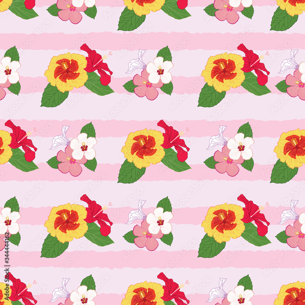 Colorful hibiscus flowers seamless pattern on pink striped background
