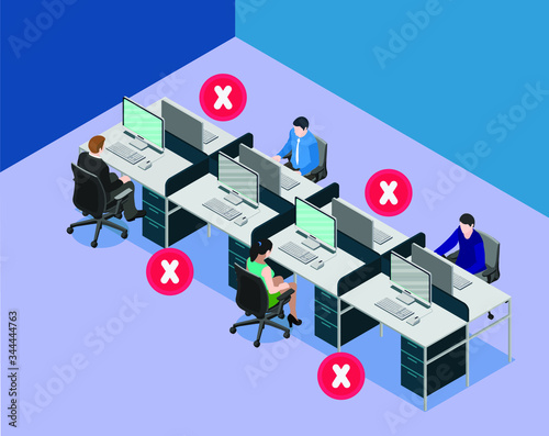 Social distancing at office workstation. Employees are maintain distance during work at workstation. Safety awareness of covid-19 virus. Vector illustration of people are working on a desk.