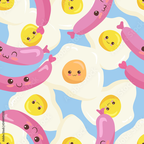 Cute food characters vector seamless pattern on light blue background. Kawaii style egg omelette   funny smiling sausages emoticons. Colorful decoration for kids menu  restaurant  wrapping paper. 