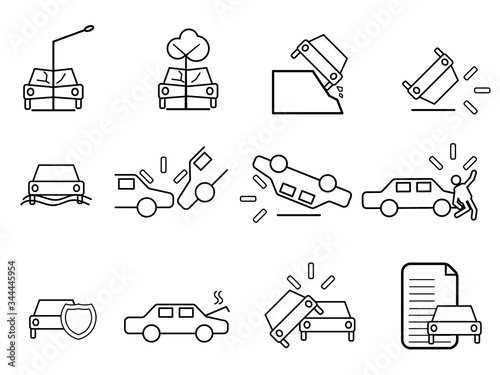 Flat and thin line icons set, car insurance icons, vector illustration
