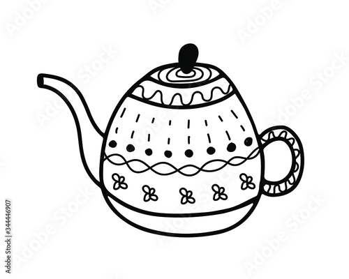 Hand drawn tea pot with ornament. Outline doodle style. Simple object. Vector isolated EPS 10.
