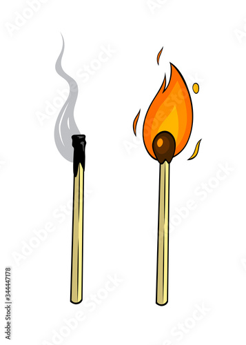 Cartoon lighted match and burnt match on white background. Great illustration for your design.