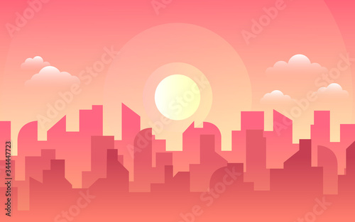 Morning, day city skyline landscape, town buildings in different time and urban cityscape town sky. Daytime cityscape. Architecture silhouette downtown vector background. Flat design
