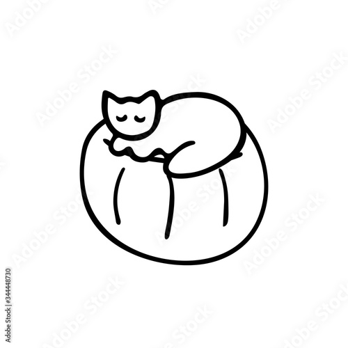 Cute doodle icon cat lying on a pouf. Hand drawn sleeping pet icon.