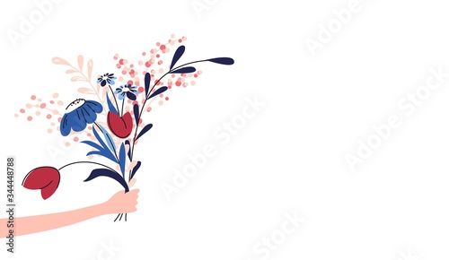Vector illustration of hand holding bouquet of flowers.