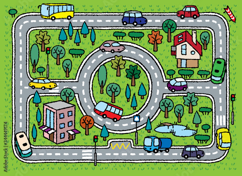City pattern. Roads, cars, grass areas background