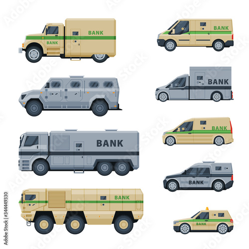Bank Cash Car Vehicles and Trucks Collection, Banking, Currency and Valuables Transportation, Security Finance Service Vector Illustration