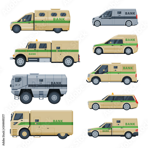 Bank Cash Vehicles Collection, Banking, Currency and Valuables Transportation, Security Finance Service Vector Illustration