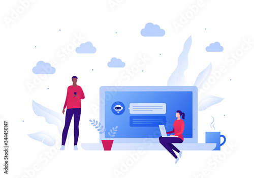 Chat bot ai and customer service support concept. Vector flat person illustration. African american male hold smartphone and female sit with laptop, Chatbot on screen Design element for banner, poster