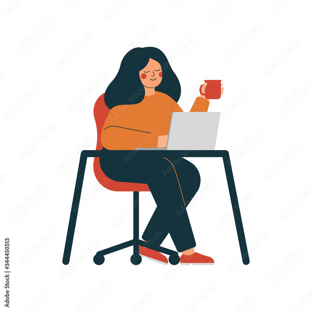 Young woman is working at the laptop and having tea time. Girl is sitting at the table and using a computer at home or office. Vector illustration in flat style. Young woman is working at the laptop and having tea time. Girl is sitting at the table and using a computer at home or office. Vector illustration in flat style.