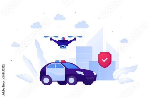 Drone flying aviation and police service concept. Vector flat illustration. Unmanned robot, blue car with siren and protection shield on city building background. Design for banner, poster, web