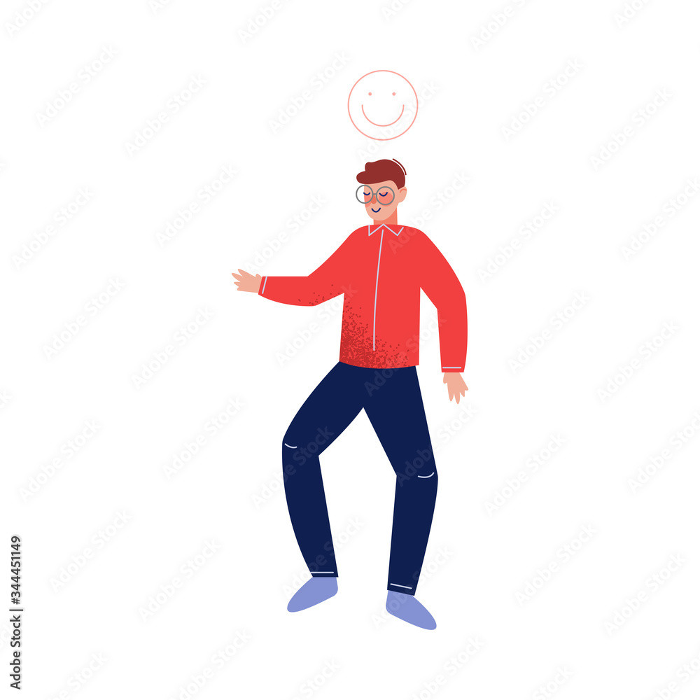 Cheerful Boy in Casual Clothing with Smiley Face above His Head Vector Illustration