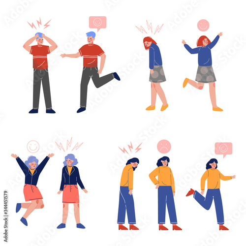 Young People with Various Emotions Collection  Boys and Girls with Signs over Their Heads Vector Illustration