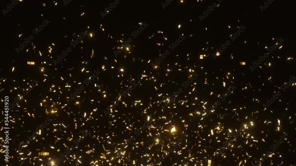 glitter background with gold slowly falling confetti. Confetti explosions on a black background. 4K animation