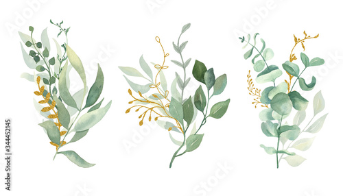 Fototapeta Naklejka Na Ścianę i Meble -  Watercolor floral illustration collection- green and gold leaf bouquet collection, for wedding stationary, greetings, wallpapers, background. Gold and green leaves.