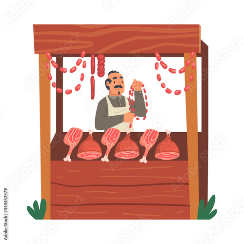 Male Farmer Selling Fresh Organic Meat on Wooden Stall at Marketplace Vector Illustration