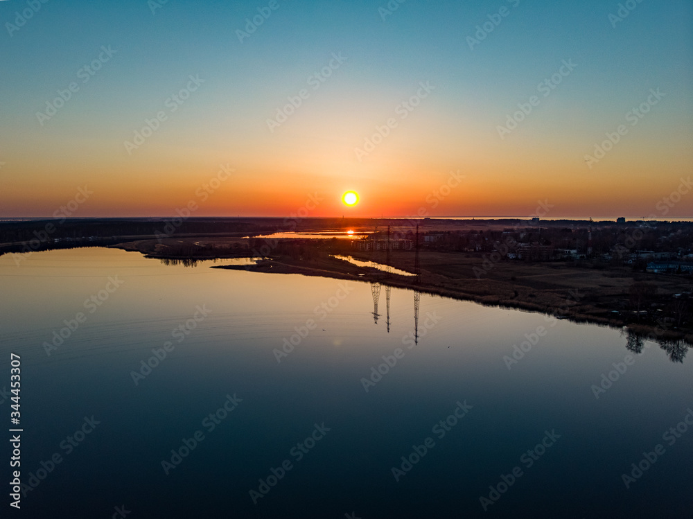 Beautiful shore riverside Lielupe photo with late sunset. Photo taken in Europe, Latvia.