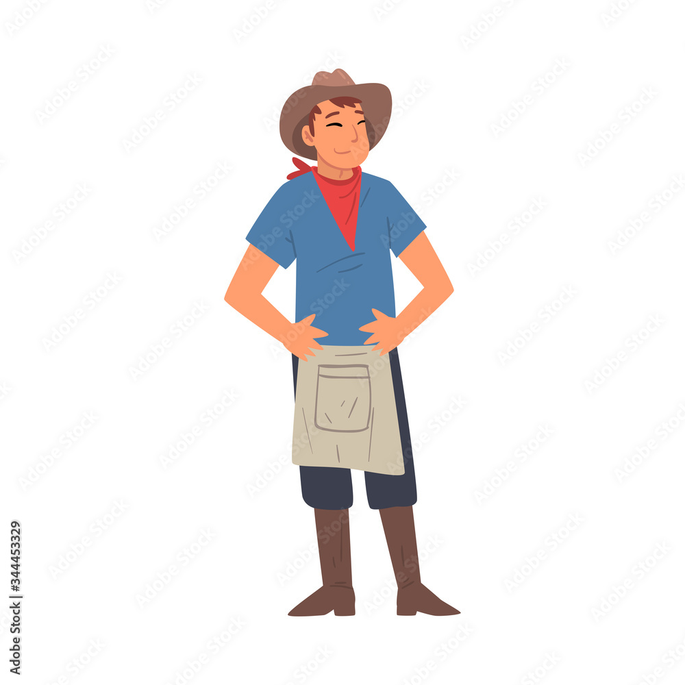 Cheerful Male Farmer Character in Hat, Apron and Rubber Boots Vector Illustration