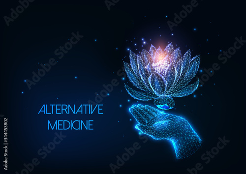Futuristic alternative, holistic therapy concept with glowing low polygonal human hand and lotus flower