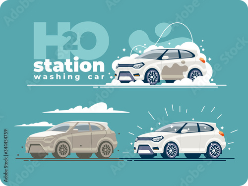 The off-road vehicle is dirty from the wheels to the roof washed with foam at the washing station in three stages and become brilliant.